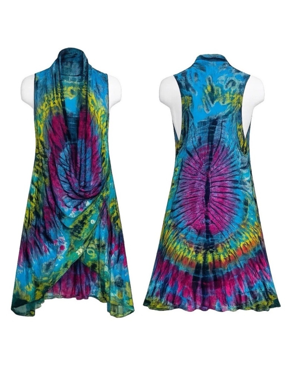 Tie-Dye Draped Sleeveless Vest Dress Colorful pockets long